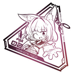  1girl absurdres animal_ear_fluff animal_ears blue_archive blush commentary food fox_ears fox_girl greyscale halo hand_on_own_hip hexaa highres holding holding_food inarizushi looking_at_viewer monochrome neckerchief niko_(blue_archive) one_eye_closed open_mouth reaching reaching_towards_viewer sailor_collar shirt short_hair solo sushi untranslatable_commentary upper_body 