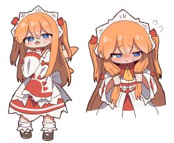  1girl @_@ ascot averting_eyes black_shoes blue_eyes blush clenched_hands dress fairy_wings fang flying_sweatdrops hair_between_eyes highres holding_own_hair long_hair long_sleeves looking_at_viewer magg_(user_mtca8588) multiple_views open_mouth orange_hair shoes simple_background skin_fang socks standing sunny_milk sweatdrop touhou two_side_up white_background white_dress white_socks wide_sleeves wings yellow_ascot 