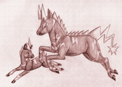  blitzle commentary_request evolutionary_line graphite_(medium) greyscale highres horse monochrome no_humans pacificpikachu pokemon pokemon_(creature) pokemon_focus traditional_media zebstrika 