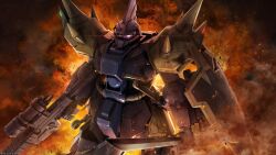  absurdres battle beam_rifle cable copyright_notice debris energy_gun explosion fire gelgoog gelgoog_rebellion gundam gundam_0083 gundam_battle_operation_2 highres mecha mecha_focus mobile_suit no_humans official_art one-eyed_mecha realistic robot science_fiction shield shoulder_spikes smoke spikes sunrise_(company) sword tenjin_hidetaka war weapon 