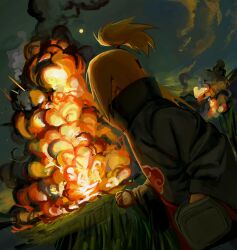  1boy akatsuki_uniform blonde_hair bomb deidara_(naruto) explosion explosive from_behind grass highres holding holding_bomb long_hair male_focus naruto_(series) naruto_shippuuden outdoors sky solo standing tabiii123 