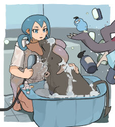  1girl barefoot bathtub blue_eyes blue_hair border chiba_(fpwgfnrixm35508) hair_rings highres holding holding_shower_head horns houndoom kneeling long_hair looking_at_animal mable_(pokemon) outside_border parted_lips pokemon pokemon_(creature) pokemon_legends:_z-a shirt short_sleeves shower_head soap soap_bottle soap_bubbles washing_animal washing_another wet wet_clothes wet_shirt white_border white_shirt 