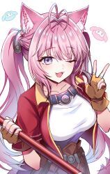  1girl absurdres animal_ear_fluff animal_ears antenna_hair bo_staff braid breasts brown_gloves ceesalt commentary_request cosplay eiyuu_densetsu estelle_bright estelle_bright_(cosplay) fang fingerless_gloves gloves hakui_koyori highres holding holding_staff hololive jacket long_hair looking_at_viewer medium_breasts one_eye_closed open_mouth pink_hair red_jacket shirt short_sleeves simple_background skirt smile solo sora_no_kiseki staff tail twintails upper_body violet_eyes virtual_youtuber w white_background white_shirt wolf_ears wolf_girl wolf_tail 