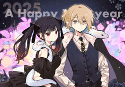  2girls absurdres animal_on_shoulder armpit_crease bare_shoulders black_bow black_dress black_hair black_jacket black_necktie blue_background blue_eyes blue_hair blue_vest blush bow breasts brown_eyes brown_hair chinese_zodiac closed_mouth collared_shirt colored_inner_hair commentary_request detached_sleeves double-parted_bangs dress ear_ornament ear_piercing earrings english_commentary floral_background flower frilled_sleeves frills fur-trimmed_jacket fur_trim gem glint glowing_flower gradient_hair hair_between_eyes hair_bow hands_in_pockets happy_new_year hatopippi45 highres jacket jacket_on_shoulders jewelry light_particles light_smile long_hair long_sleeves looking_at_viewer medium_breasts mixed-language_commentary multicolored_eyes multicolored_hair multiple_girls neck_ring necktie one_side_up original piercing pink_flower red_eyes red_gem red_hair shirt short_hair short_sleeves sleeveless sleeveless_dress snake snake_on_shoulder standing turning_head twintails two-sided_fabric two-sided_jacket two-tone_eyes upper_body vest waistcoat white_shirt year_of_the_snake 