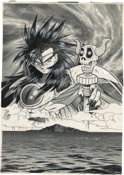  1990s_(style) 1boy armor belt cape circlet dragon_tairiku_koubouki fingernails furusawa_jun'ya greyscale highres holding holding_staff horizon horns long_fingernails long_hair male_focus monochrome ocean official_art outdoors pauldrons projected_inset reigas retro_artstyle sharp_fingernails shoulder_armor skull solo spiky_hair staff third-party_source traditional_media tunic 