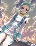  araki_maki arakimaki buttons cloud dress dutch_angle eureka eureka_7 eureka_seven eureka_seven_(series) flat_chest from_below green_hair hair_ornament hairclip jewelry looking_at_viewer looking_down necklace outdoors pale_skin purple_eyes short_dress short_hair sitting sky smile solo thigh_strap thighs violet_eyes 