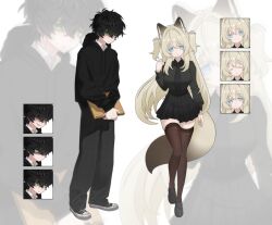  1boy 1girl :| animal_ears audrey_d0l baggy_pants black_hair black_hoodie black_necktie black_pants black_skirt blonde_hair blue_eyes blush brown_thighhighs closed_eyes closed_mouth collared_shirt colored_eyelashes commentary_request degrees_of_lewdity double-parted_bangs drawstring empty_eyes fox_ears fox_girl fox_tail full_body furrowed_brow green_eyes hair_between_eyes hair_intakes hand_up high-waist_skirt highres holding holding_sketchbook hood hoodie korean_commentary kylar_(degrees_of_lewdity) kylar_(male)_(degrees_of_lewdity) loafers long_hair long_sidelocks long_sleeves looking_at_viewer lower_lip_only miniskirt mole mole_under_eye mole_under_mouth multiple_expressions necktie nose_bubble original pants parted_lips player_character_(degrees_of_lewdity) player_character_(female)_(degrees_of_lewdity) shaded_face shirt shoes short_hair sidelocks sketchbook skindentation skirt sweatdrop tail tented_shirt thigh-highs thighs two_side_up very_long_hair wide-eyed zettai_ryouiki zoom_layer 