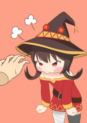  1girl 1other absurdres angry bandaged_leg bandages belt black_hat black_thighhighs blush_stickers brown_belt brown_hair chanta_(chanta256) check_commentary clenched_hands commentary_request cowboy_shot dress furious hat highres kono_subarashii_sekai_ni_shukufuku_wo! long_sleeves megumin off-shoulder_dress off_shoulder puff_of_air red_dress red_eyes short_dress short_hair short_hair_with_long_locks sidelocks simple_background single_thighhigh sweatdrop thigh-highs witch_hat yurie_mouth 