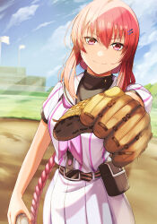  1girl ball baseball_(object) baseball_mitt baseball_stadium baseball_uniform belt black_belt black_shirt braid braided_ponytail cinderella_series closed_mouth commentary_request fanny_pack hachigatsu_no_cinderella_nine hair_between_eyes hair_ornament hairclip highres holding holding_ball kurashiki_maiko long_hair looking_at_viewer multicolored_shirt n_no0309 neckerchief outdoors pink_neckerchief pink_shirt reaching reaching_towards_viewer red_eyes red_hair satogahama_baseball_uniform shirt shirt_under_shirt short_sleeves skirt smile solo sportswear striped_clothes striped_shirt vertical-striped_clothes vertical-striped_shirt very_long_hair white_shirt white_skirt 