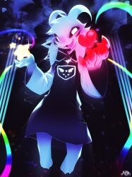1boy 2024 2d absurdres alternate_form animal_ears animal_nose anthro asriel_dreemurr asriel_dreemurr_(god_of_hyperdeath) barefoot black_sclera body_fur colored_sclera delta_rune_(symbol) delta_rune_print digital_media droopy_ears face_markings fangs floppy_ears furry furry_male goat goat_boy goat_ears goat_horns heart heart_necklace highres horns jewelry long_ears long_sleeves male male_focus male_only mammal monster monster_boy necklace open_mouth paws print_robe purple_robe red_soul_(utdr) robe skin_fangs solo soul_(utdr) undertale utdr_(toby_fox) verfyhi white_fur white_horns white_sleeves