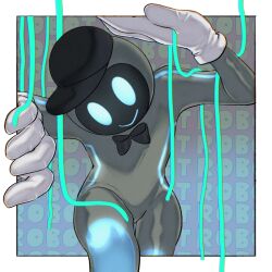  1boy black_bow black_bowtie blue_eyes bodysuit border bow bowtie commentary_request fly-fivers gloves glowing glowing_eyes grey_bodysuit grey_gloves hat highres looking_at_viewer male_focus mask outside_border pumipuni_0 rhythm_tengoku rhythm_tengoku_miracle_stars smile solo white_border white_gloves 