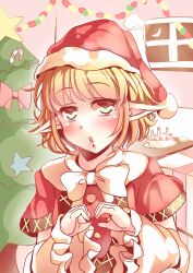  1girl :o adapted_costume arm_warmers blonde_hair blush bow bowtie buttons cake candy candy_cane christmas christmas_tree commentary_request food green_eyes hat heart heart_hands highres indoors kanzakietc looking_at_viewer mizuhashi_parsee one-hour_drawing_challenge open_mouth pointy_ears red_hat red_shirt santa_hat shirt short_hair solo star_(symbol) streamers touhou upper_body white_bow white_bowtie window 