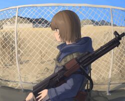  1girl assault_rifle attamaf866 base bipod blue_hoodie blue_sky blunt_bangs brown_eyes brown_hair building chain-link_fence commentary_request desert expressionless facing_to_the_side fence grass gun gun_sling highres holding holding_gun holding_weapon hood hood_down hooded_jacket hoodie jacket kalashnikov_rifle light_machine_gun load-bearing_vest looking_to_the_side machine_gun mountain nose original over_shoulder pavement rifle rpk-74 short_hair sky tall_grass weapon weapon_over_shoulder 