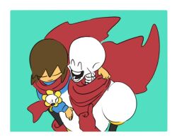  1other 2020 2boys 2d ^o^ ambiguous_gender aofuji06 aqua_background armor blue_sweater border brown_hair cape closed_eyes cropped digital_media edit flower flowey_(undertale) frisk_(undertale) gloves height_difference human humanoid long_sleeves male monster monster_boy multiple_boys on_shoulder open_mouth papyrus_(undertale) plant red_cape red_gloves sentient_flower short_hair simple_background skeleton smile sweater teeth third-party_edit thumbs_up trio two-tone_background undead undertale utdr_(toby_fox) white_armor white_border yellow_flower yellow_trim |_| 