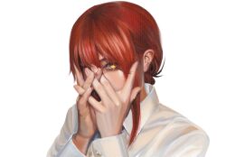  1girl absurdres artristeando chainsaw_man covering_face dress_shirt hair_over_eyes hand_on_own_face highres makima_(chainsaw_man) red_hair ringed_eyes shirt swept_bangs white_shirt yellow_eyes 