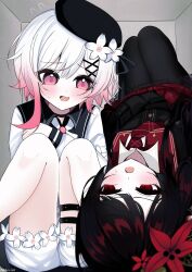  2girls absurdres beret black_choker black_coat black_hair black_hat black_pantyhose black_shirt black_skirt box choker coat collared_coat collared_shirt commentary_request fang flower flower-trimmed_shorts frilled_skirt frills gloves gradient_hair hair_flower hair_ornament hat hat_flower hat_ribbon highres in_box in_container layered_skirt long_hair long_sleeves mahou_shoujo_no_majo_saiban multicolored_hair multiple_girls neck_ribbon necktie nekozaki_ke nikaido_hiro open_mouth overskirt pants pantyhose pink_eyes pink_hair pleated_skirt red_eyes red_flower red_necktie red_skirt ribbon sakuraba_ema shirt short_hair shorts skin_fang skirt sleeveless sleeveless_coat thigh_strap upside-down white_flower white_gloves white_hair white_pants white_ribbon white_shirt white_shorts white_sleeves x_hair_ornament yuri 