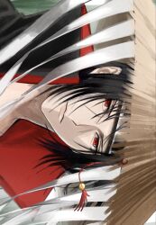  1boy akatsuki_uniform black_hair closed_mouth commentary_request hat highres korean_commentary looking_at_viewer male_focus munbjm naruto_(series) naruto_shippuuden red_eyes sharingan short_hair sideways solo straw_hat uchiha_itachi 