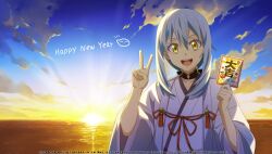  blue_sky commentary_request copyright_name green_eyes haori happy_new_year highres japanese_clothes looking_at_viewer ocean official_art rimuru_tempest rimuru_tempest_(slime) sky smile sunrise tensei_shitara_slime_datta_ken upper_body v white_hair 