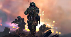  3boys aiming ammunition_pouch armor astra_militarum bulletproof_vest clouds cloudy_sky combat_helmet eddygonzlezdvila elbow_pads field_radio gas_mask gloves gun gun_sling helmet highres holding holding_gun holding_weapon kasrkin knee_pads lasgun load-bearing_equipment mask military_uniform multiple_boys pouch radio_antenna red_assault_visor ruins shoulder_armor skull sky smoke soldier sparks steel_beam stun_grenade tactical_gloves walking warhammer_40k weapon 