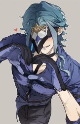  1boy absurdres arm_belt arms_up belt black_belt black_gloves black_pants blue_gloves blue_hair blue_shirt blush collarbone collared_shirt commentary covered_eyes cowboy_shot dottore_(genshin_impact) genshin_impact gloves grey_background grin hair_behind_ear heart heart_hands highres long_hair male_focus mask open_collar pants parted_hair sany_pb shirt simple_background sleeves_rolled_up smile solo two-sided_gloves 