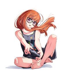 1girl bare_shoulders black_shorts black_tank_top blunt_bangs blush collarbone commentary controller floating_hair game_controller glasses holding holding_controller holding_game_controller long_hair orange_hair persona persona_5 playing_games playing_video_games sakura_futaba shadow shorts simple_background solo tank_top tongue tongue_out video_game white_background yoneyone_ya 