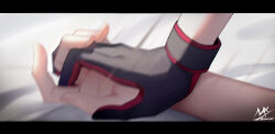  2girls absurdres angel_girl_(shimmer) bed_sheet black-haired_demon_girl_(shimmer) black_gloves gloves hand_focus highres holding_hands interlocked_fingers letterboxed motion_blur multiple_girls original out_of_frame shimmer signature yuri 