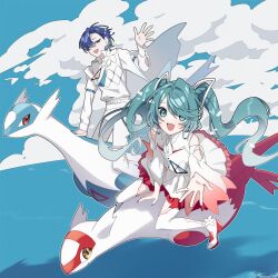  1boy 1girl aqua_eyes aqua_hair blue_eyes blue_hair blue_sky boots clouds cloudy_sky commentary_request dragon dress flying frilled_dress frills full_body hair_over_one_eye hatsune_miku high_heels kaito_(vocaloid) latias latios long_hair long_sleeves looking_at_viewer mugen_no_ticket_(vocaloid) multicolored_dress munna67l9 open_clothes outdoors pants pokemon pokemon_(creature) pokemon_focus project_voltage red_eyes riding riding_pokemon shirt short_hair sky swept_bangs vocaloid waving white_boots white_dress white_pants white_shirt yellow_eyes 