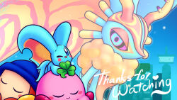  antlers bandana bandana_waddle_dee blue_bandana blue_eyes blue_fur blush_stickers closed_eyes clover commentary efy727 elfilin english_commentary english_text fecto_elfilis furry highres horns kirby kirby_(series) kirby_and_the_forgotten_land looking_at_another notched_ear one_eye_closed thank_you violet_eyes 