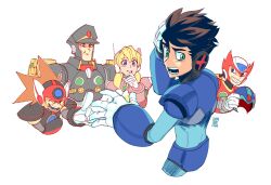  alia_(mega_man) axl_(mega_man) blonde_hair blueharedraws brown_hair embarrassed green_eyes helmet highres holding holding_unworn_helmet laughing mega_man_(series) mega_man_x_(series) mega_man_x_dive missing_headwear pointing robot short_hair signas_(mega_man) smirk spiky_hair unworn_headwear unworn_helmet zero_(mega_man) 