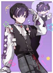  1boy ascot belt black_belt black_vest border brooch cape chibi chibi_inset closed_mouth clothing_cutout cloud_hair_ornament commentary_request commission cone_horns cowboy_shot crepe_commission cross-laced_clothes cross-laced_sleeves curtained_hair dot_nose earrings fake_horns gloves grey_horns hair_ornament hand_up hat_ring highres horns jewelry korean_commentary lace-trimmed_collar lace-trimmed_sleeves lace_trim light_frown long_belt long_sleeves looking_at_viewer male_focus mole mole_under_eye multicolored_hair multiple_views outside_border pants plaid_clothes plaid_pants puffy_long_sleeves puffy_sleeves purple_background purple_cape purple_hair purple_ribbon ribbon second-party_source short_hair shoulder_cutout side_cape skoshism sleeve_ribbon small_horns streaked_hair teardrop_earrings teruterubouzu thigh_strap tmzhtlwmavka unmoving_pattern very_short_hair vest violet_eyes waistcoat white_ascot white_border white_gloves yusol 