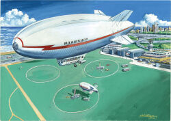  aircraft airport building bus car day dirigible flying hangar horizon komatsuzaki_shigeru motor_vehicle ocean original outdoors painting_(medium) people pickup_truck radar_dish road signature third-party_source traditional_media truck vehicle_focus windsock 