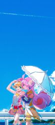  2girls absurdres ahoge amitie_(puyopuyo) belt blonde_hair blue_sky clouds curly_hair day earrings gloves green_eyes highres holding holding_umbrella horns jewelry long_hair magical_girl merumerumerume multiple_girls open_mouth orange_hair outdoors parasol pink_hair pink_skirt puyopuyo raffina_(puyopuyo) shading_eyes shared_umbrella short_hair skirt sky smile umbrella white_umbrella 