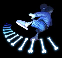 1boy 2d black_background black_shorts blue_eye blue_jacket bone dark dark_background digital_media fighting_stance full_body glowing glowing_eye glowing_object grey_hood hollow_eyes hood hood_down hooded_jacket humanoid jacket long_sleeves male male_focus male_only monster monster_boy ouse_(otussger) pink_slippers sans_(undertale) shirt shorts simple_background single_vertical_stripe skeleton slippers socks solo striped_clothes striped_shorts teeth third-party_source undead undertale utdr_(toby_fox) vertical-striped_clothes vertical-striped_shorts white_shirt white_socks white_stripes