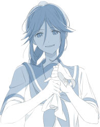  :d blue_sailor_collar blue_theme commentary_request handkerchief hands_up hibike!_euphonium highres holding holding_handkerchief kasaki_nozomi long_hair looking_at_viewer monochrome ponytail sailor_collar sawara65 school_uniform serafuku shirt simple_background smile squeezing white_background white_shirt 
