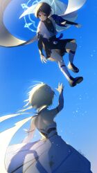  1boy 1girl akasaki_aimu arm_up armor arms_at_sides bare_shoulders black_bodysuit black_bow black_bridal_gauntlets black_gloves black_hair black_sandals black_shorts blonde_hair blue_cape blue_gem blue_kimono blue_sky blue_sleeves blue_trim blunt_ends bodysuit bow bridal_gauntlets bright_pupils cape clear_sky closed_mouth commentary_request detached_sleeves dress eyeliner facing_another feathers fingernails floating flower furisode gem genshin_impact gloves gold hair_flower hair_ornament hakama hakama_shorts halo halo_behind_head highres japanese_armor japanese_clothes juban kimono kote kurokote layered_sleeves leg_warmers levitation looking_at_another lumine_(genshin_impact) makeup mandala mandarin_collar offering_hand open_clothes open_hands open_kimono outdoors partially_fingerless_gloves pleated_shorts reaching reaching_towards_another red_eyeliner sandals scaramouche_(genshin_impact) scarf short_hair short_sleeves shorts shoulder_blades shoulder_peek side_cape sky smile tassel toes twitter_username vambraces violet_eyes wanderer_(genshin_impact) white_dress white_flower white_halo white_kimono white_leg_warmers white_pupils white_scarf white_sleeves wispy_bangs yellow_feathers zouri 