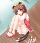 animal_ears bell brown_hair cat_ears cat_tail chen earrings fingernails hat jewelry leg_hug multiple_tails nails shoes short_hair sitting smile solo tail touhou 