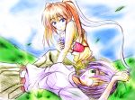  blue_eyes drawing drink leaves mahou_shoujo_lyrical_nanoha mahou_shoujo_lyrical_nanoha_strikers subaru_nakajima teana_lanster wind 