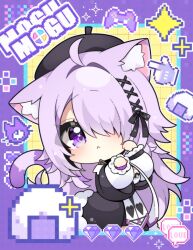  1girl :< ahoge alternate_hair_length_(longer) animal_ear_fluff animal_ears beret black_coat black_hat black_shorts border cat_ears cat_girl cat_tail chibi chibi_only coat commentary food frilled_sleeves frills hair_over_one_eye hat heart heart_print hololive long_hair long_sleeves looking_at_viewer muuran nekomata_okayu nekomata_okayu_(wonderland) official_alternate_costume official_alternate_hairstyle onigiri playing_card_theme purple_border purple_hair purple_tail shirt shorts solo stole striped_tail swept_bangs tail violet_eyes virtual_youtuber white_shirt 