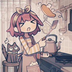  >_< 1girl :o ^^^ animal apron blush_stickers bow_hairband brown_apron cat closed_eyes commentary_request cowboy_shot food futami_ya hairband highres holding holding_spatula kitchen long_sleeves open_mouth original pancake red_hair shirt short_hair solo spatula striped_clothes striped_shirt wide-eyed wide_sleeves yellow_hairband yellow_shirt 