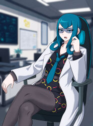  1girl absurdres black_dress blue-tinted_eyewear blue_eyes blue_hair blue_nails blue_necktie blurry blurry_background chair coat commentary crossed_legs dress english_commentary gaming_chair glasses hair_rings highres lab_coat long_hair long_sleeves mable_(pokemon) necktie on_chair open_clothes open_coat open_mouth pantyhose pokemon pokemon_legends:_z-a safety_glasses sitting swivel_chair tinted_eyewear unknownname white_coat 