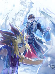  2boys ancient_egyptian_clothes annoyed arm_strap atem black_pants black_shirt blue_eyes brown_hair building_snowman cape clenched_hand coat colored_bangs colored_tips commentary_request dark-skinned_male dark_skin dragon facing_another gloating kaiba_seto kurobeta long_sleeves looking_at_object male_focus metal_wrist_cuffs multicolored_hair multiple_boys open_clothes open_coat outdoors outstretched_arm pants purple_cape shirt sleeveless sleeveless_coat snow snowflakes snowing snowman spiky_hair taunting technology techwear time_paradox time_travel usekh_collar violet_eyes white_coat yu-gi-oh! yu-gi-oh!_the_dark_side_of_dimensions 