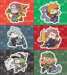  6+boys alolan_geodude aqua_eyes artist_request ascot backpack bag baseball_cap beanie beard_stubble black_cape black_eyes black_hat black_jacket black_leggings black_pants black_sclera black_shirt black_shoes black_suit blastoise blonde_hair blue_eyes blue_hair blue_oak blue_pants blue_sclera blue_shirt brown_bag brown_eyes brown_hair brown_shoes brown_shorts cape charizard chibi chibi_only claws clenched_hands closed_mouth colored_sclera commentary_request double_biceps_pose dragon dragonite facial_hair fangs fire flame-tipped_tail flexing full_body green_hair green_hat green_tank_top grid_background hair_between_eyes hand_in_pocket hat hiker_(pokemon) hiking_backpack holding holding_poke_ball horns jacket jewelry lance_(pokemon) leggings long_hair long_sleeves male_focus mega_stone merchandise_available metagross multiple_boys n_(pokemon) nostrils official_art open_mouth outline outstretched_arm pants poke_ball poke_ball_(basic) pokemon pokemon_(creature) pokemon_black_and_white pokemon_firered_and_leafgreen pokemon_heartgold_and_soulsilver pokemon_omega_ruby_and_alpha_sapphire pokemon_sun_and_moon ponytail red_(pokemon) red_ascot red_cape red_eyes red_hat red_shoes red_vest reshiram ring second-party_source shirt shoes short_hair short_sleeves shorts single_horn smile spiky_hair standing steven_stone striped_leggings stubble suit tail tank_top thick_eyebrows two-sided_cape two-sided_fabric two-tone_cape vest vs_seeker white_jacket white_outline wristband yellow_bag 