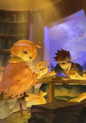  1boy 1girl absurdres blonde_hair book brown_hair chrome_(dr._stone) commentary_request dr._stone headband highres holding indoors korean_commentary looking_at_viewer moon night paper potato_goril short_hair sitting sky star_(sky) starry_sky suika_(dr._stone) table writing 