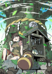  1girl animal_ears blue_sky bottle brown_eyes brown_hair commentary_request day eating falling_leaves food futatsuiwa_mamizou glasses hat highres holding holding_food inuno_rakugaki leaf looking_at_viewer moss onigiri open_mouth outdoors raccoon raccoon_ears raccoon_girl raccoon_tail sake_bottle shirt shrine sitting sky solo statue tail touhou translation_request tree under_tree 