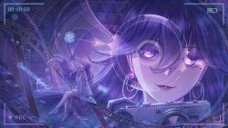  2girls arm_up camera chromatic_aberration closed_mouth commentary earrings guava081298 hair_between_eyes highres holding holding_camera jacket jewelry long_hair looking_at_viewer lucilla_(wuthering_waves) mole mole_under_eye multiple_girls mysterious_girl_(wuthering_waves) projected_inset purple_hair purple_theme sitting smile untranslatable_commentary viewfinder violet_eyes white_jacket wuthering_waves 