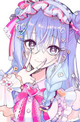  1girl black_eyes blue_hair bow bowtie braid closed_mouth commentary_request cross-shaped_pupils crossed_bangs fingernails flower_hairclip frilled_headwear frilled_shirt frilled_wrist_cuffs frills gem hair_bun hair_ornament hair_scrunchie hand_up heart heart-shaped_gem heart_hair_ornament highres hisamishiny idolmaster idolmaster_shiny_colors inward_v jewelry long_fingernails long_hair looking_at_viewer low_twin_braids nail_art orange_wrist_cuffs pink_bow pink_bowtie pink_gem pink_scrunchie pink_trim ring scrunchie shirt simple_background single_hair_bun smile solo sticker sticker_on_face suzuki_hana symbol-shaped_pupils twin_braids upper_body v white_background white_shirt white_trim white_wrist_cuffs wing_hair_ornament wrist_cuffs 
