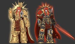  2girls a544113 absurdres ahoge armor belt bird breastplate chaldea_logo chaos_(warhammer) command_spell cosplay eagle emperor_of_mankind emperor_of_mankind_(cosplay) excalibur_morgan_(fate) expressionless eyes_of_horus_(warhammer_40k) fate/grand_order fate_(series) fujimaru_ritsuka_(female) full_armor gauntlets glowing gold_armor highres holding holding_sword holding_weapon horus_lupercal horus_lupercal_(cosplay) laurel_crown long_hair looking_at_viewer multiple_girls orange_eyes orange_hair ornate_armor pauldrons pelt power_armor power_fist primarch scar scar_on_face shoulder_armor side_ponytail smile sons_of_horus spikes sword terminator_armor warhammer_40k weapon wolf_pelt 