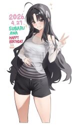  1girl absurdres ahoge awa_subaru black_hair black_ribbon black_shorts blush commentary dated english_commentary girls_band_cry grey_tank_top hair_ribbon happy_birthday highres long_hair looking_at_viewer off_shoulder open_mouth parted_bangs potential4_10 ribbon shirt shorts simple_background sleeves_past_wrists solo sparkle tank_top v violet_eyes white_background white_shirt 