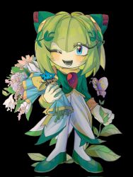  1girl black_background blue_eyes bug butterfly commentary cosmo_(sonic) double_bun dress eyelashes flower green_hair green_shoes green_sleeves hair_bun highres monster_girl nosal one_eye_closed pale_skin plant_girl shoes short_hair sonic_(series) sonic_x white_dress 