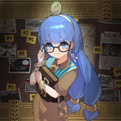  1girl absurdres adjusting_eyewear alien bespectacled blue_eyes blue_hair brown-framed_eyewear brown_shirt brown_shorts chinese_commentary closed_mouth collared_shirt commentary_request cryptid devilkillerx earrings evidence_board facial_mark glasses gold_headdress hair_ornament hand_on_eyewear highres houjuu_nue jewelry key_earrings looking_at_viewer michigami_nareko mixed-language_commentary newspaper pyramid_(structure) shirt short_sleeves shorts smile solo sphere_hair_ornament touhou touhou_lost_branch_of_legend triangle triangle_facial_mark ufo usekh_collar 